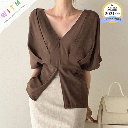 キレイめファッション 春夏新作 ブイネック半袖ブラウス レディース着回し抜群