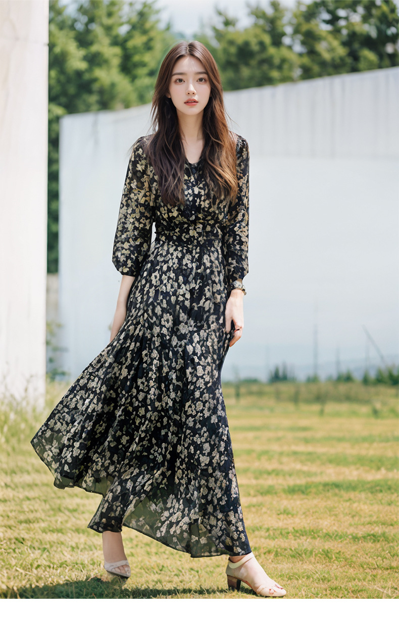キレイめファッション 花柄シフォンVネック長袖マキシワンピース