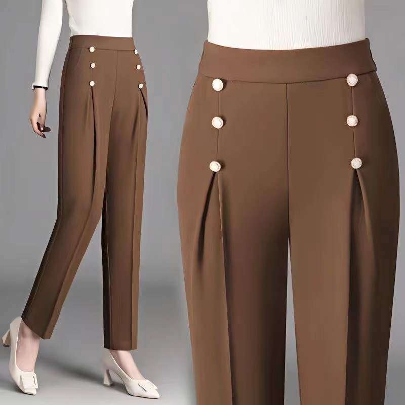 キレイめファッション  デザインボタン付きハイウエストパンツ