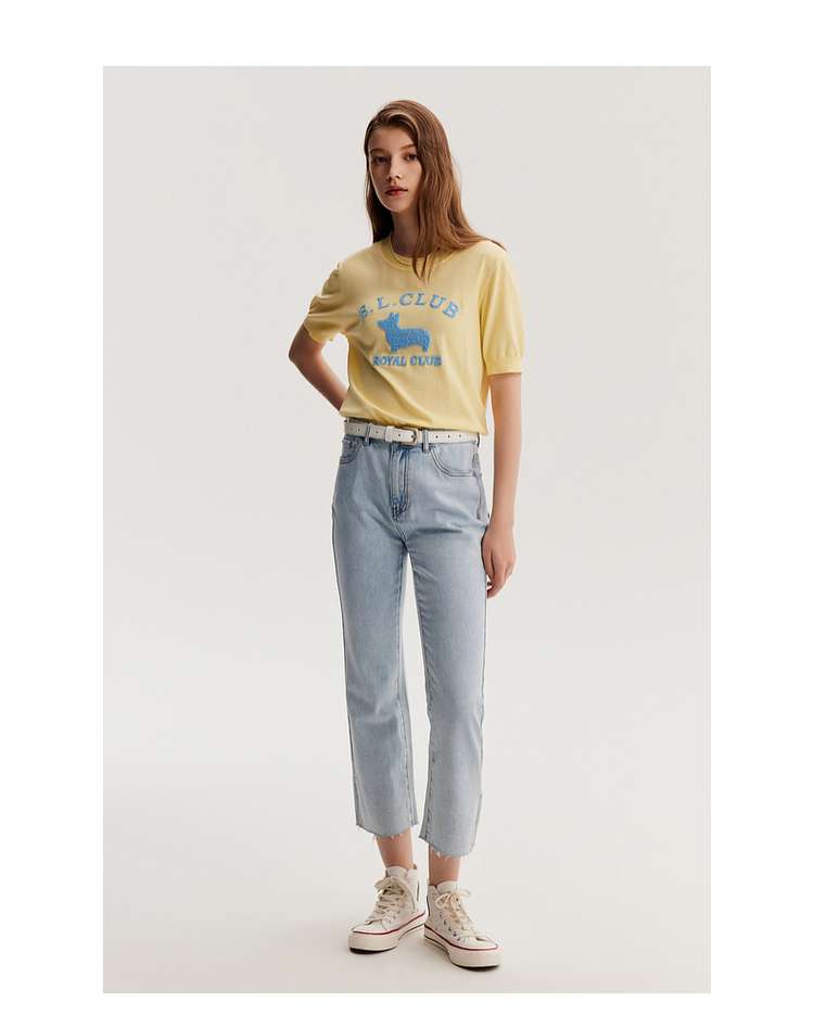 キレイめファッション  クロップド丈スリットデニムパンツ