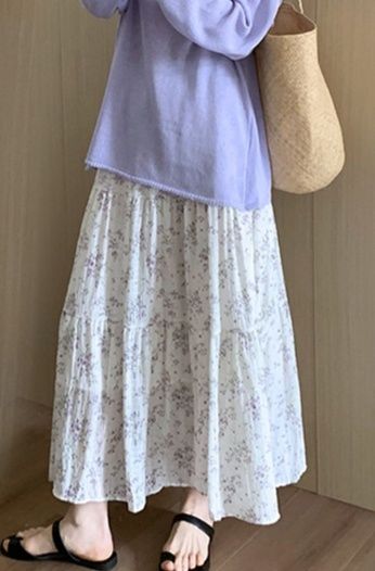着痩せコーデ 骨格ウェーブ小花柄ティアードロングスカート ウエストゴム