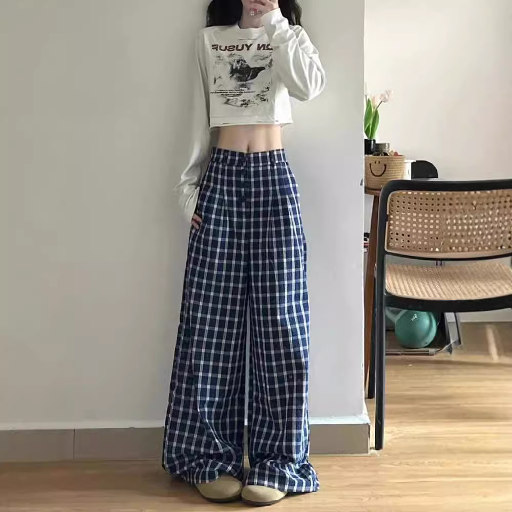 着痩せコーデ チェック柄ワイドパンツ ゆったり美脚ロング丈