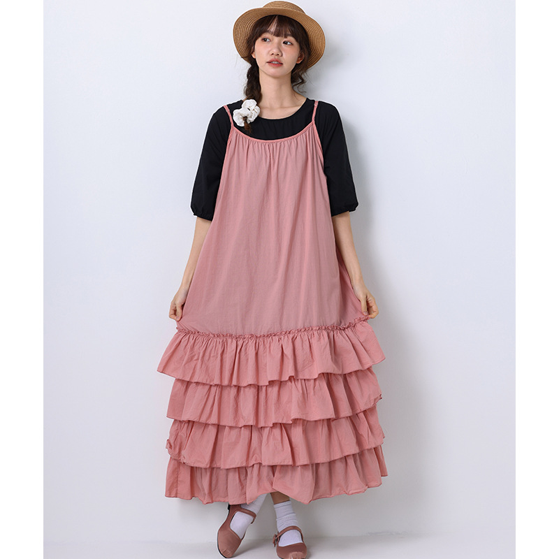 着痩せコーデ フリル段重ねサロペットワンピース森系ゆったり
