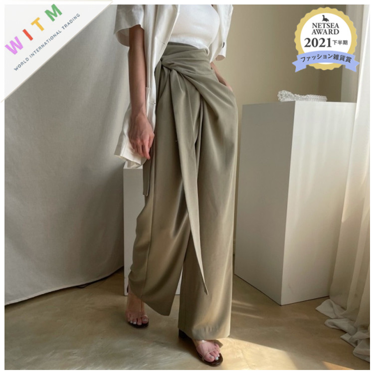 着痩せコーデ ハイウエストワイドパンツ リボン付き着痩せロング丈