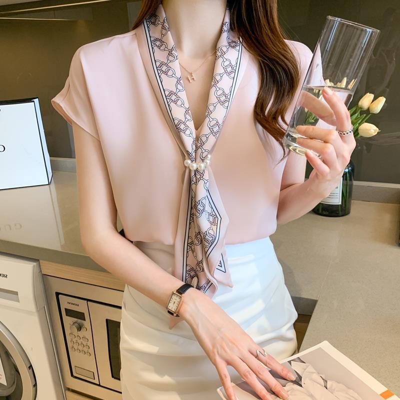 フォーマルスーツ スカーフ付き半袖ブラウス 上品切替デザイン