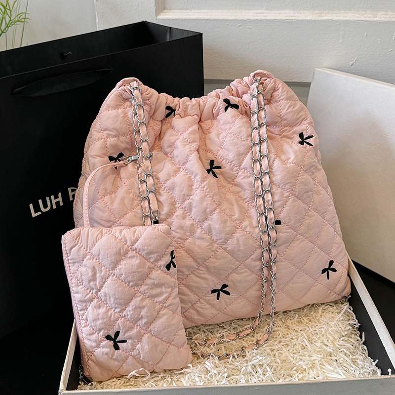 キルティングバッグ リボン刺繍巾着バッグ キルティング大容量 全5色