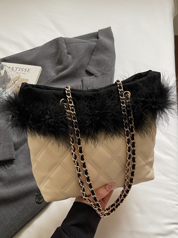 キルティングバッグ 大容量キルティングチェーンバッグ ファー付きトートバッグ