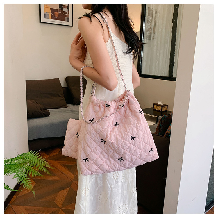 キルティングバッグ リボン刺繍巾着バッグ キルティング大容量 全5色