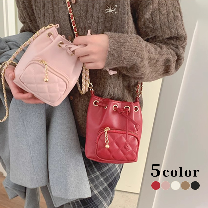 キルティングバッグ キルティング巾着バッグ チェーン付き ミニショルダー 全5色