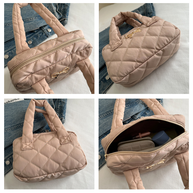 キルティングバッグ リボン付きキルティングトートバッグ 韓国風ハンドバッグ