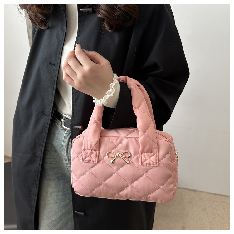 キルティングバッグ リボン付きキルティングトートバッグ 韓国風ハンドバッグ
