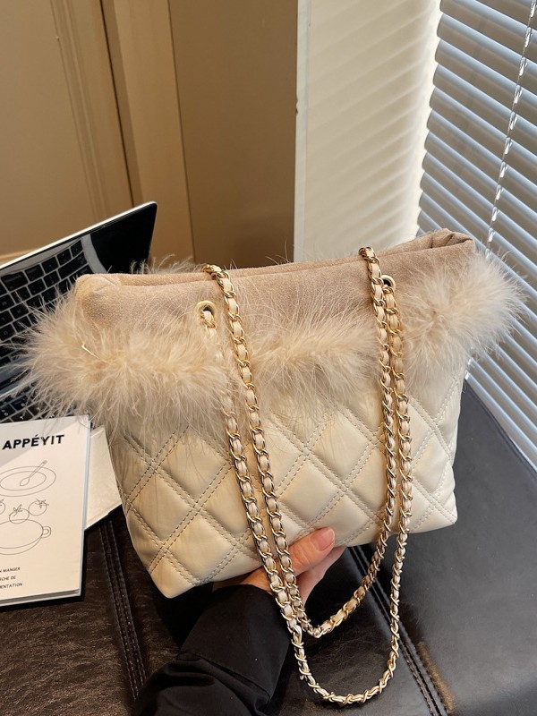 キルティングバッグ 大容量キルティングチェーンバッグ ファー付きトートバッグ
