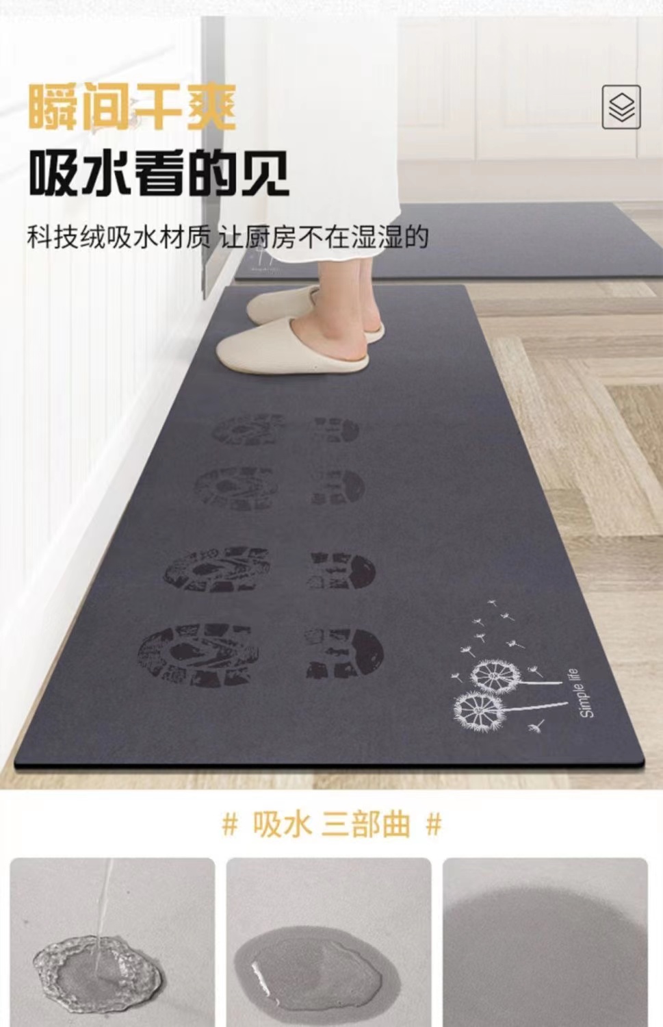 キッチンに最適な防滑マット 厚手で吸水吸油の優れた性能 新品速乾タイプ