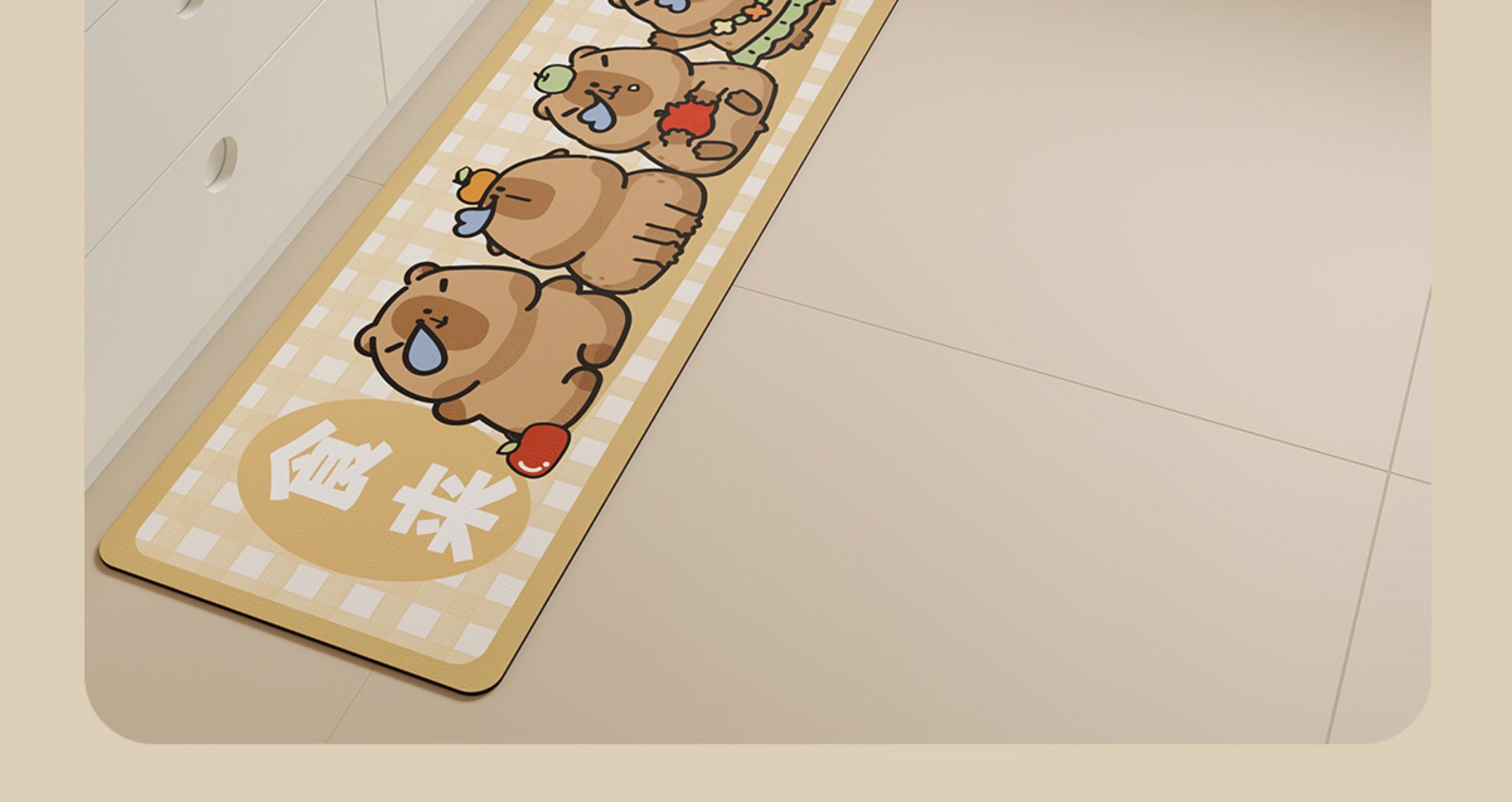 ComiComi可愛い水豚デザインのキッチン専用マット 吸水防滑でお手入れ簡単