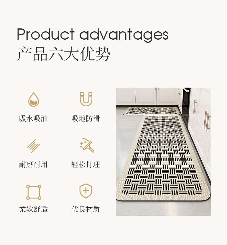 キッチン用防滑マット 汚れに強くお手入れ簡単 2024年新作の長方形デザイン