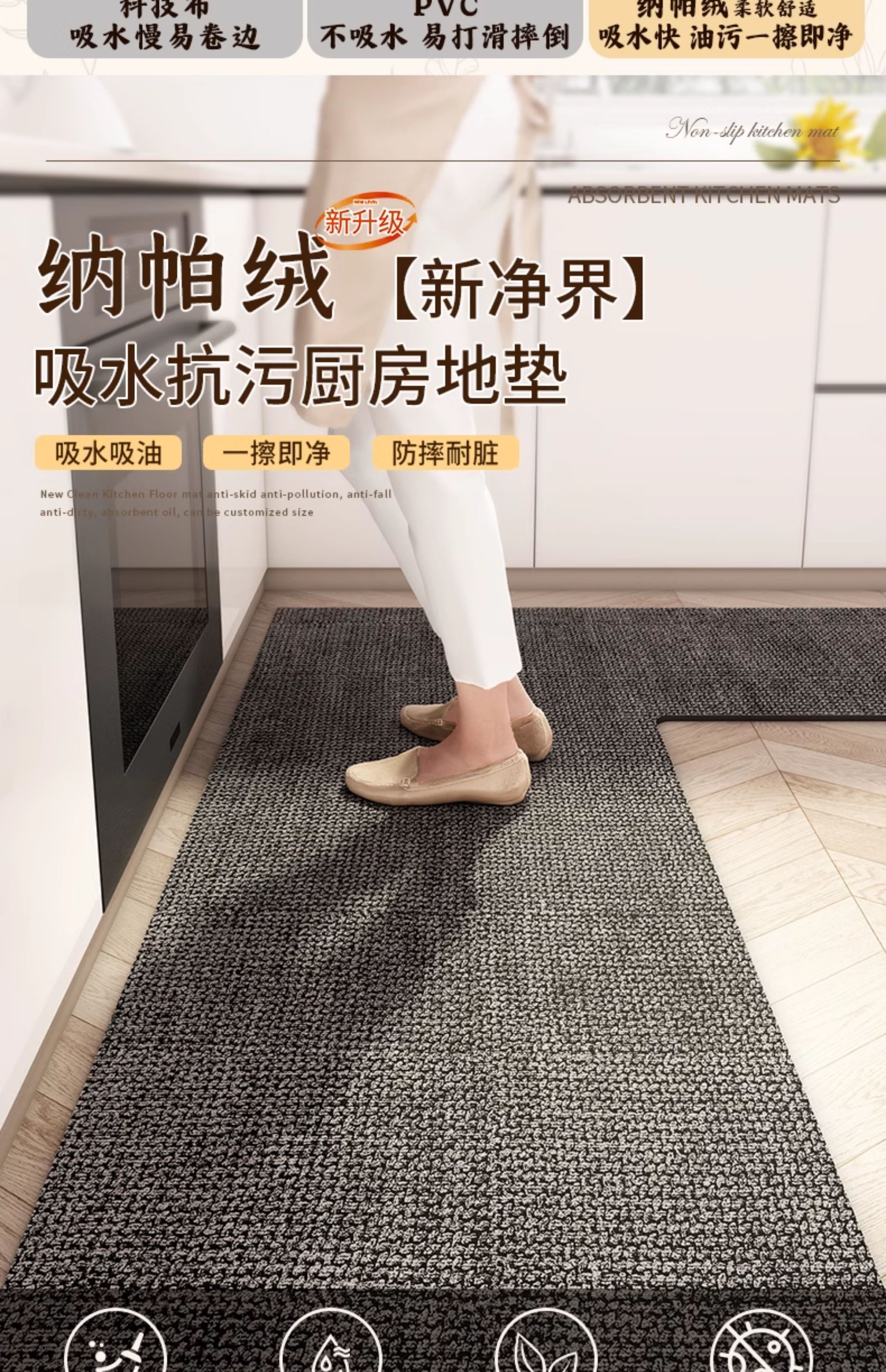 滑り止めキッチンマット 吸水性抜群で汚れに強い防水マット 便利な7字型デザイン