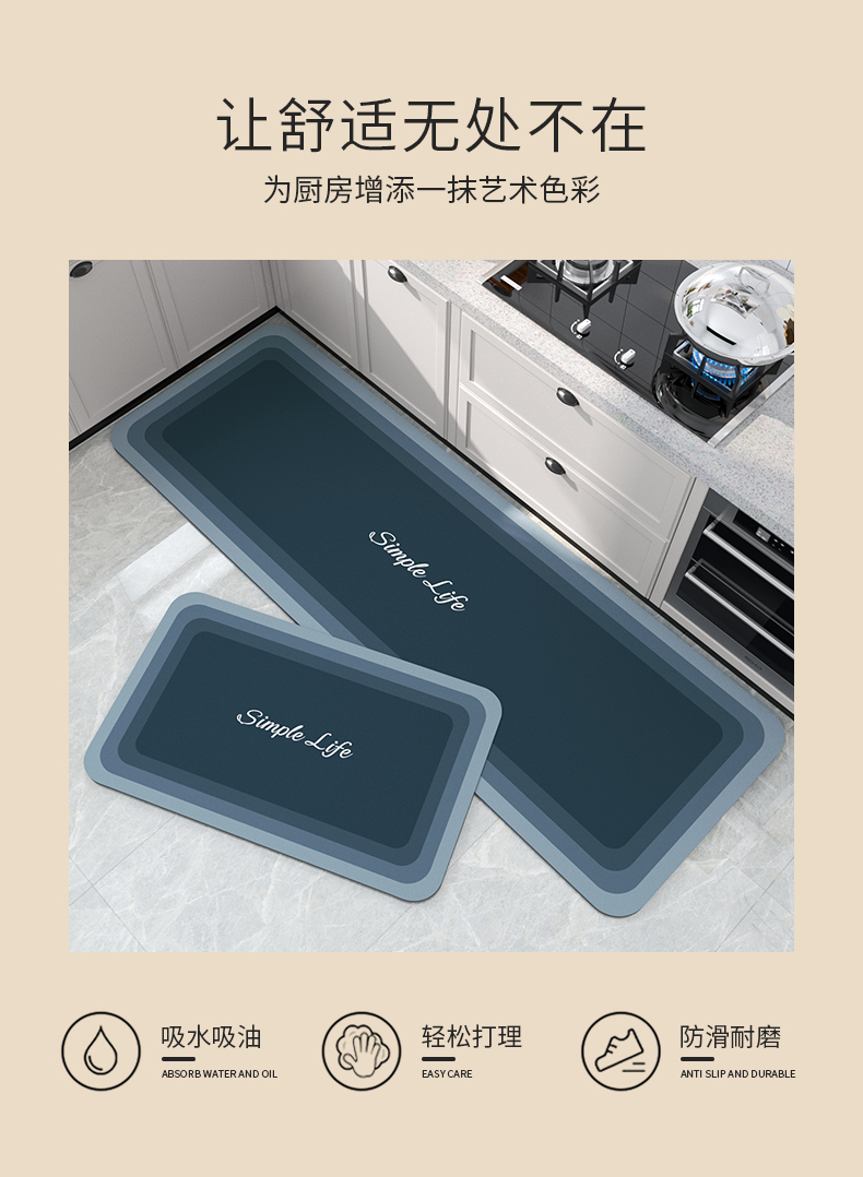 キッチンに最適 防滑防油のマット 吸水性抜群で汚れを防ぐ