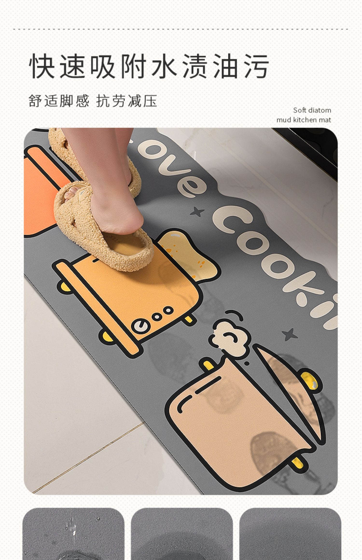 キッチン用防滑マット 水を吸収し汚れを防ぐ新型マット