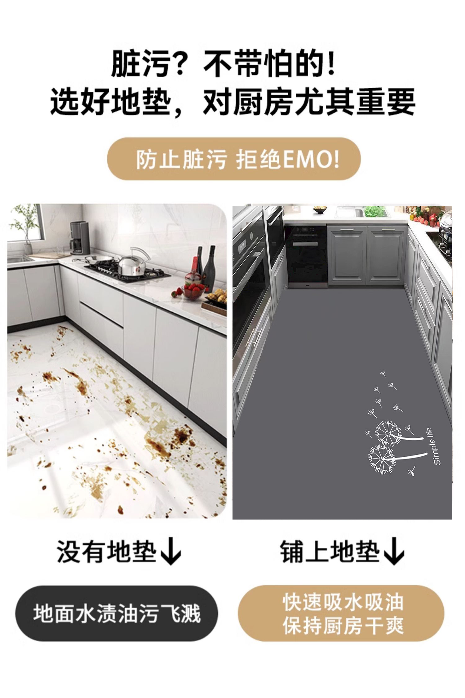 滑りにくいキッチン用マット 油汚れも吸収する便利な足元マット 免洗で手間いらず