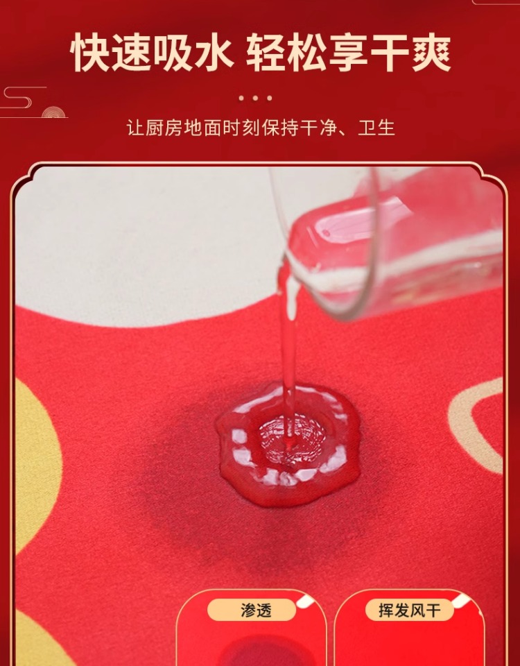 キッチンにぴったりの防水防油マット 新年のお祝いに最適な赤いデザイン