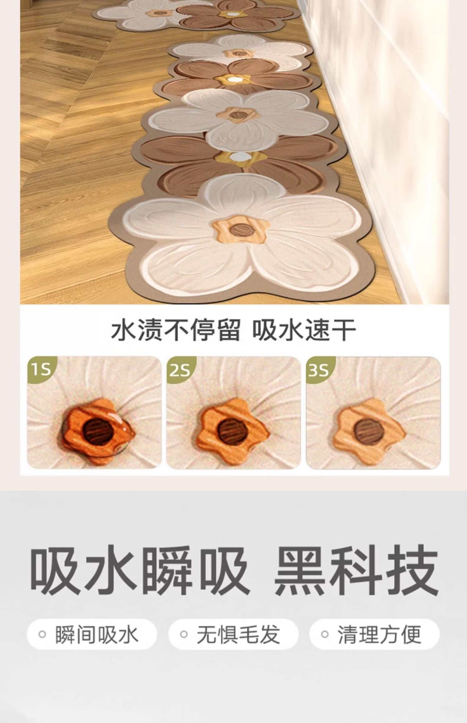 花柄の柔らかいキッチンマット 防滑防油でお手入れ簡単 吸水性抜群の防水マット