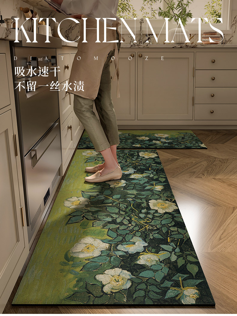 美式油絵キッチンマット 防滑耐汚れ 洗濯不要 吸水性抜群