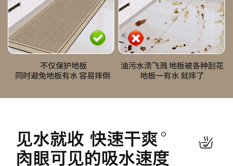 キッチン専用の防水マット 吸水性抜群で滑り止め機能付き お手入れ簡単な長方形デザイン