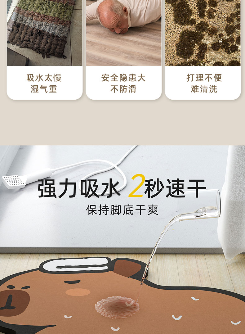 カピバラデザインのキッチンマット 防滑で吸水速乾 快適なバスルーム空間を実現