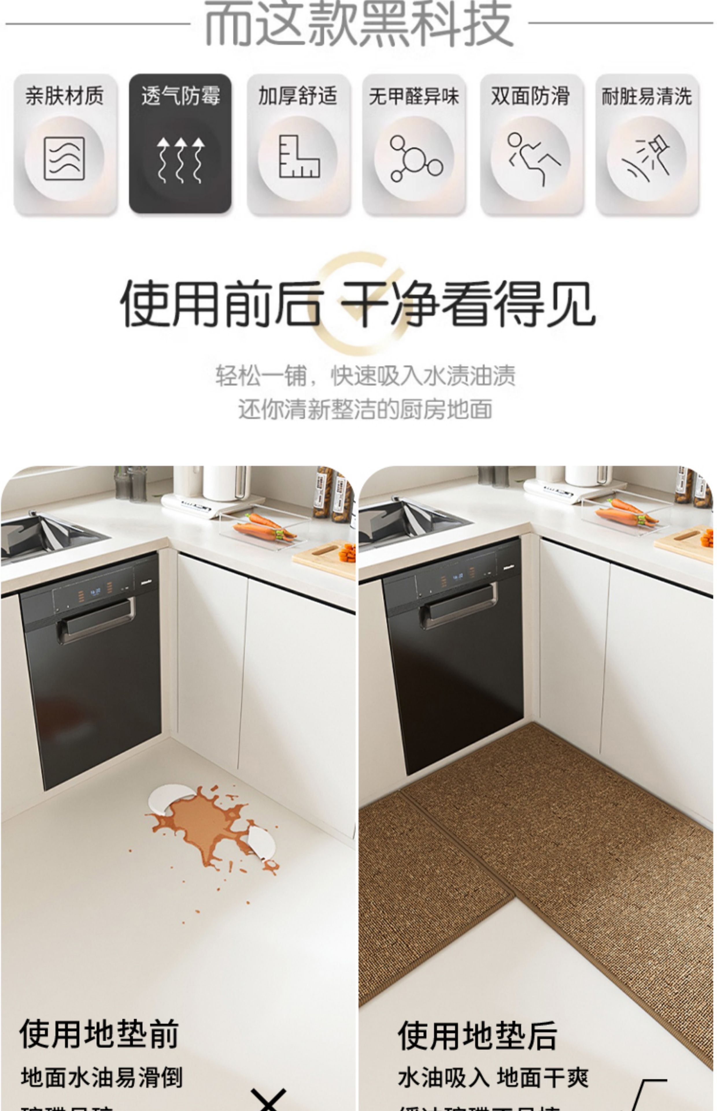 キッチンで使える防滑防油のマット 吸水性抜群でお手入れ簡単 家庭用長方形デザイン