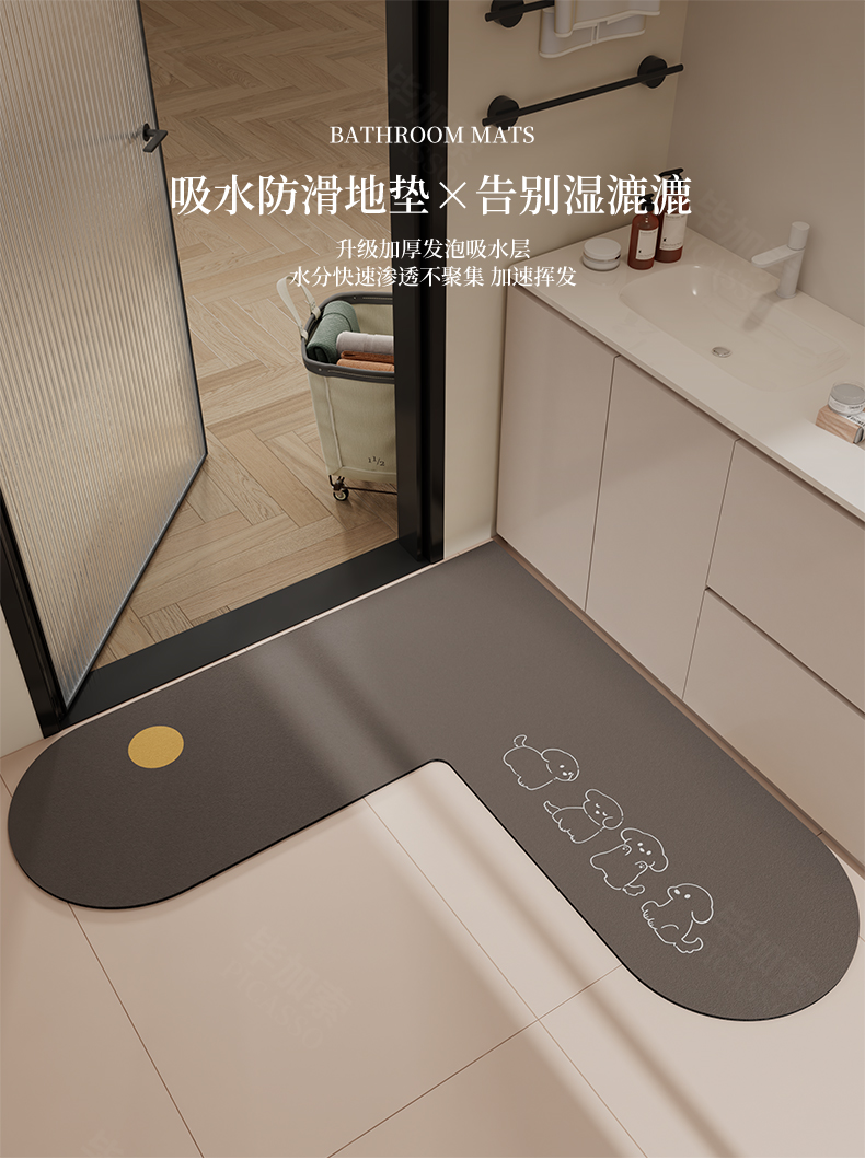 L型キッチン用防滑マット 洗いやすくて水を吸うカーペット