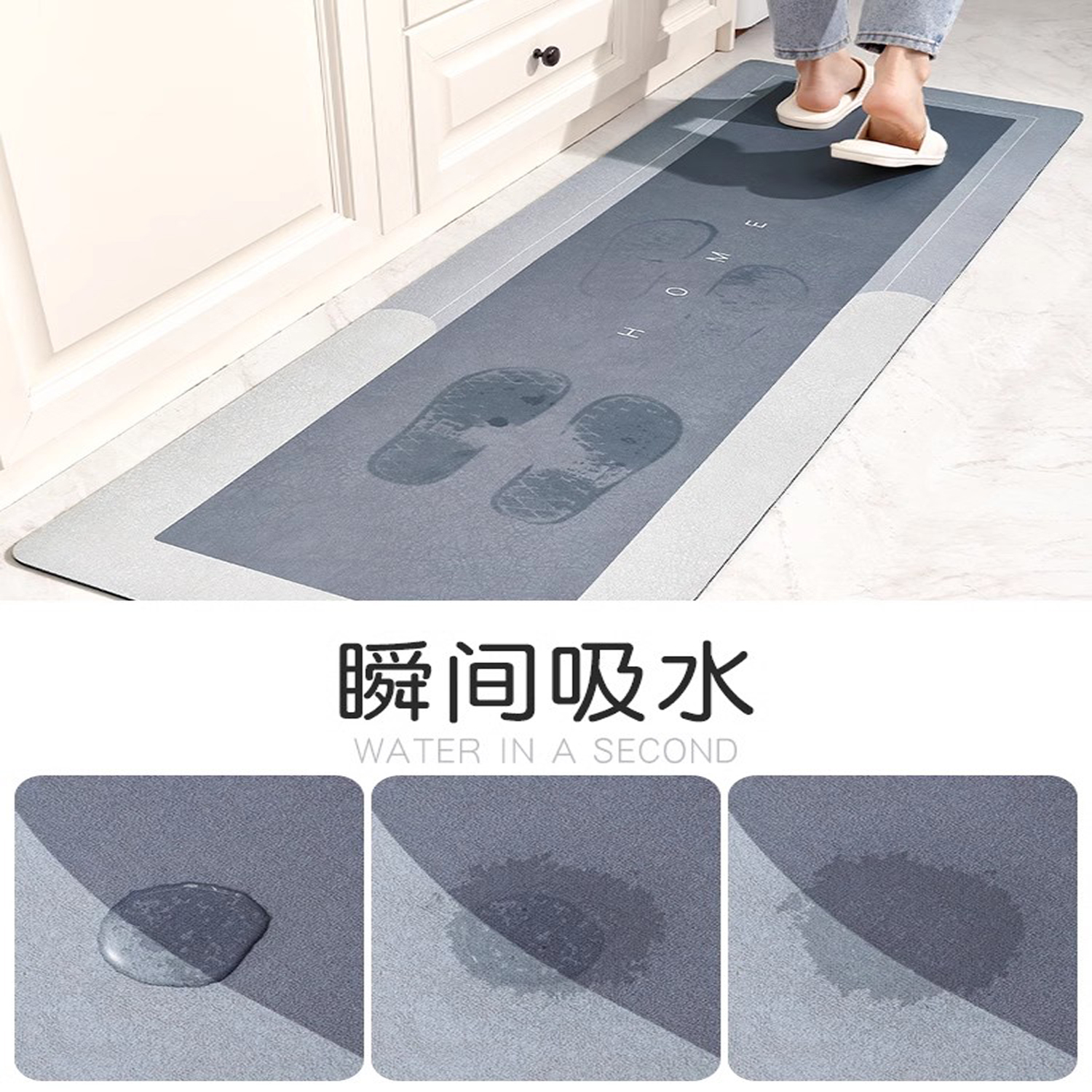 シンプルなキッチン専用マット 大吸水で滑り止め機能付き 黒色お手入れ簡単