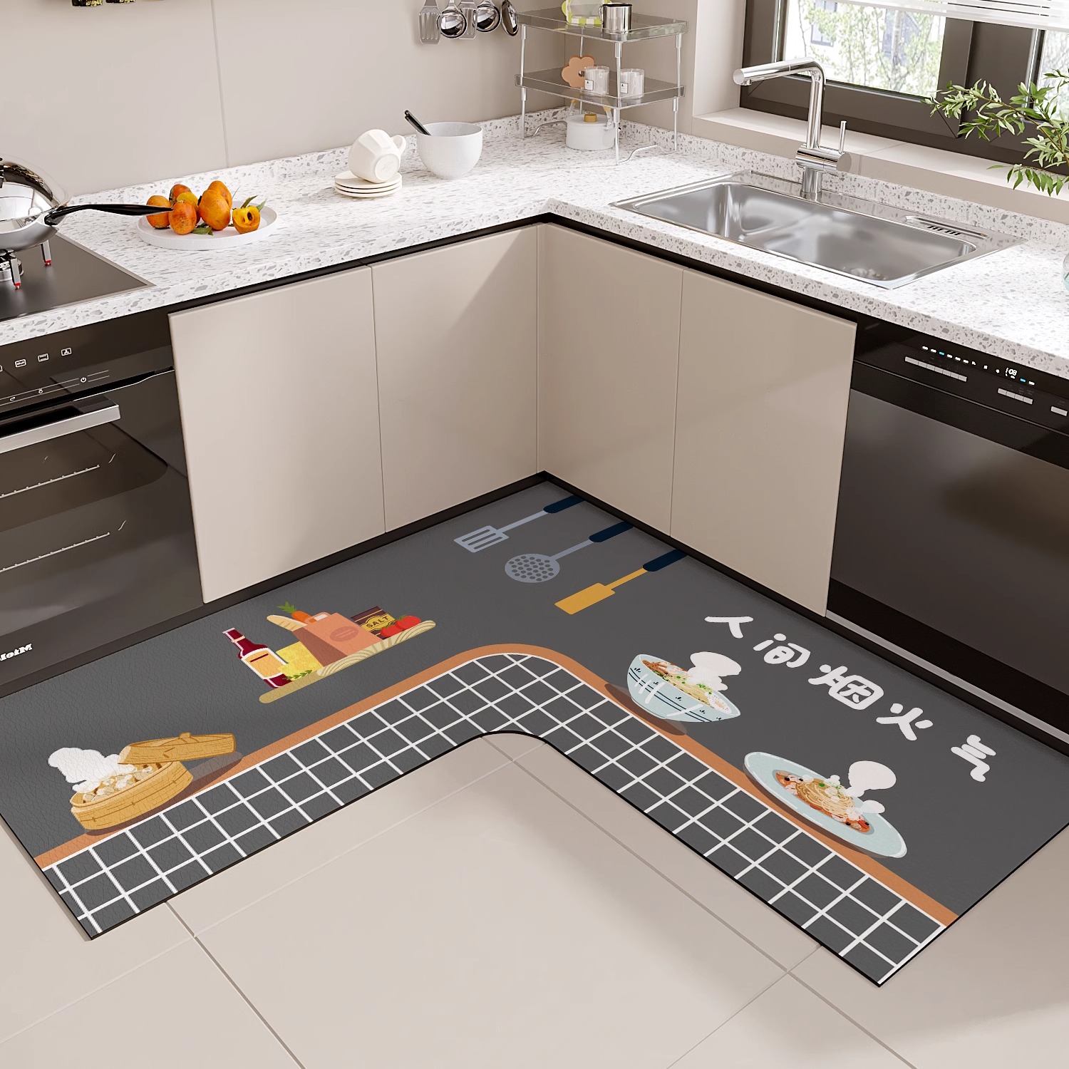 キッチン用防滑マット 硅藻土素材の吸水性 使い勝手抜群のL型デザイン