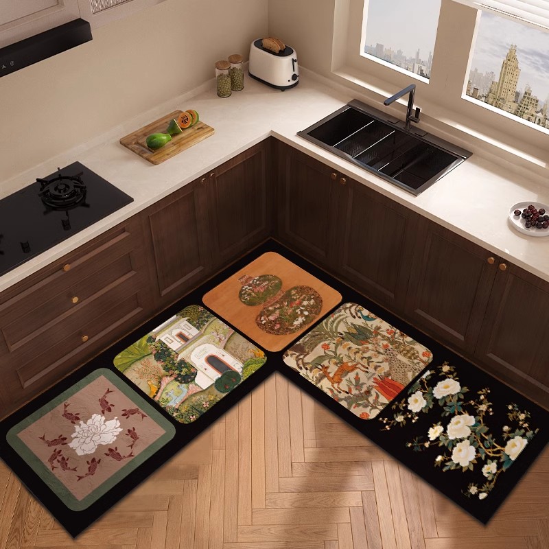 中古風キッチン専用マット吸油防滑洗えるマットL型整铺で水分吸収