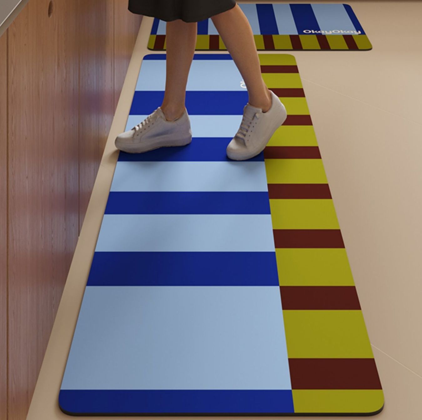 レトロストライプで拭ける洗える！防滑加工のおしゃれキッチンマット