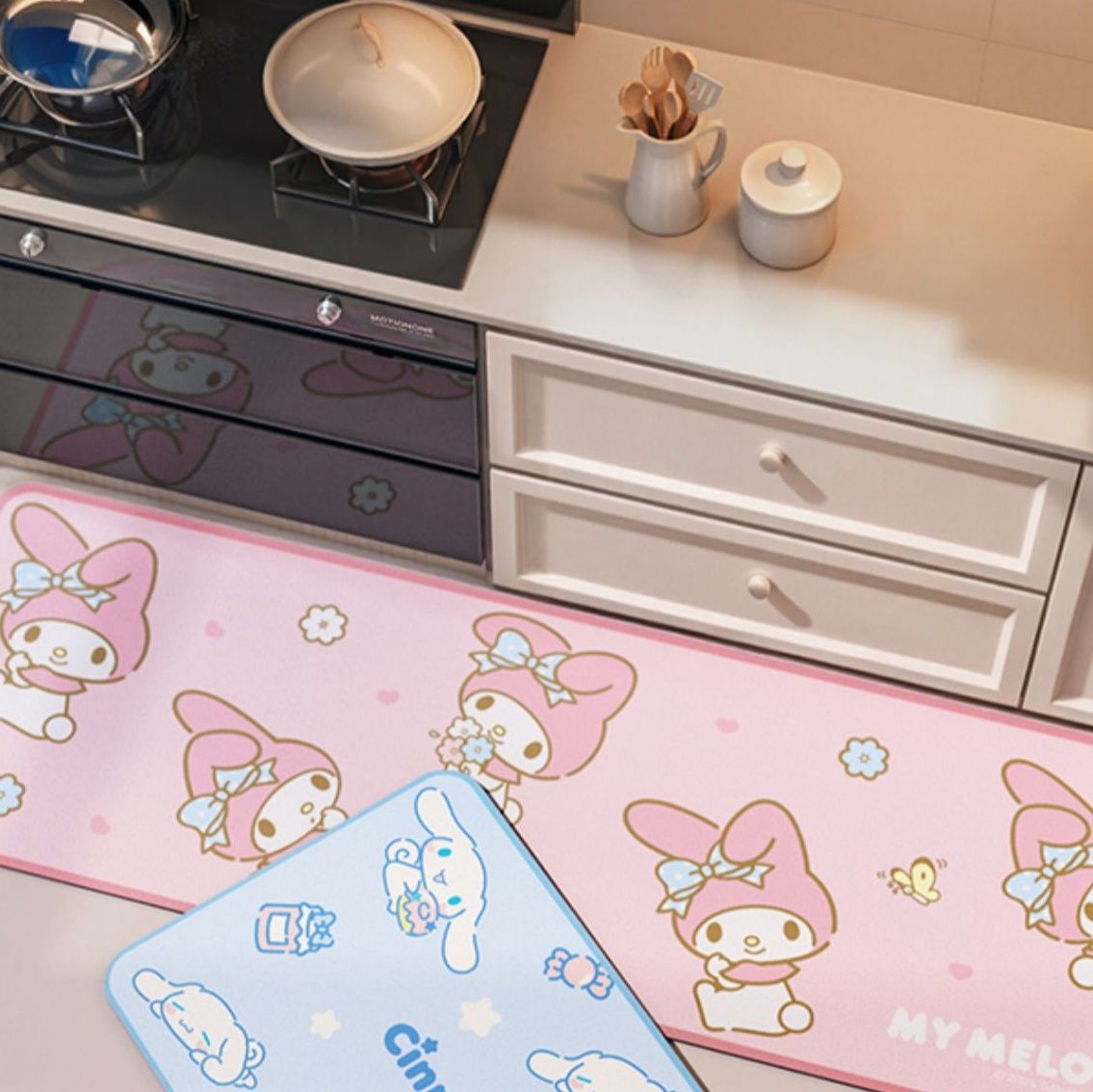 サンリオマイメロ＆シナモン柄キッチンマット45×140cm防水防滑で拭ける