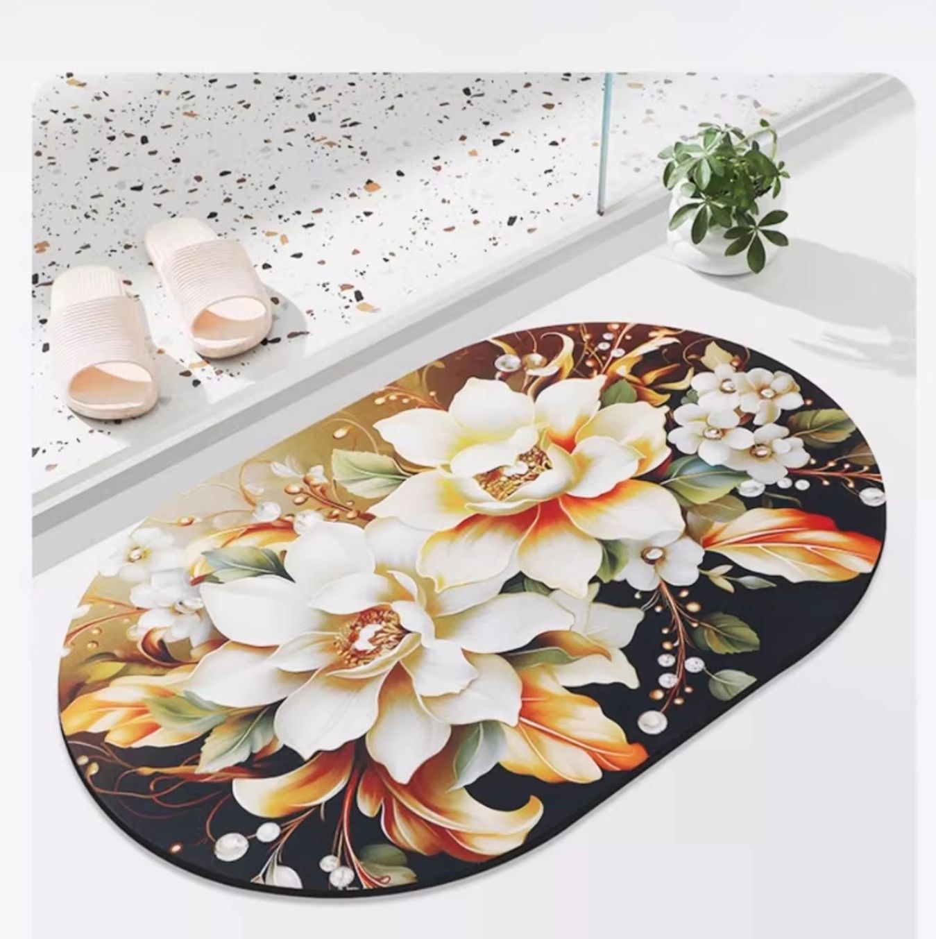 3D蓮花柄で華やかに！珪藻土素材の吸水キッチンマット