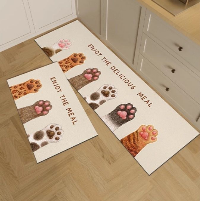 猫のカートゥーンデザインのキッチンマット 防水防油でお手入れ簡単 滑り止め機能付き