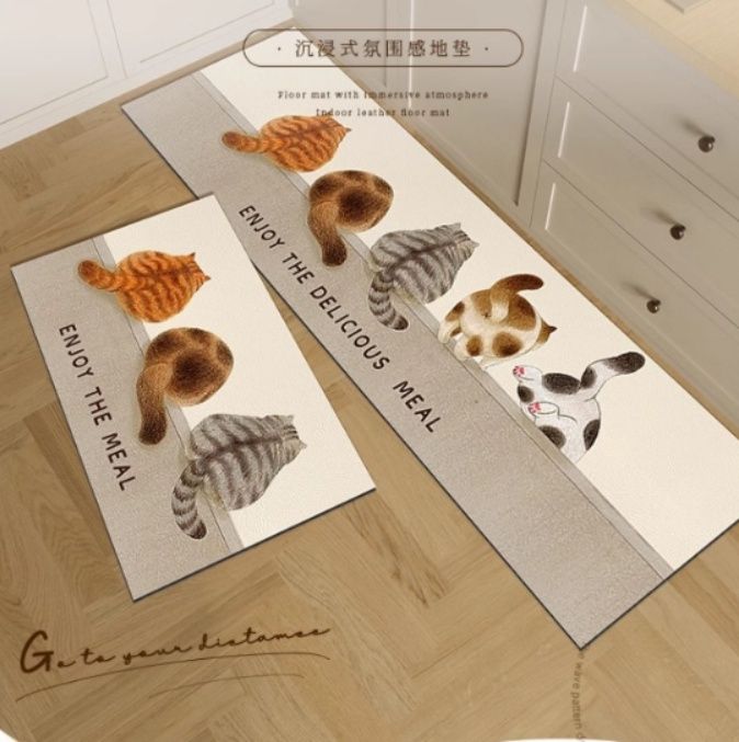 猫のカートゥーンデザインのキッチンマット 防水防油でお手入れ簡単 スリップ防止の長方形レザータイプ