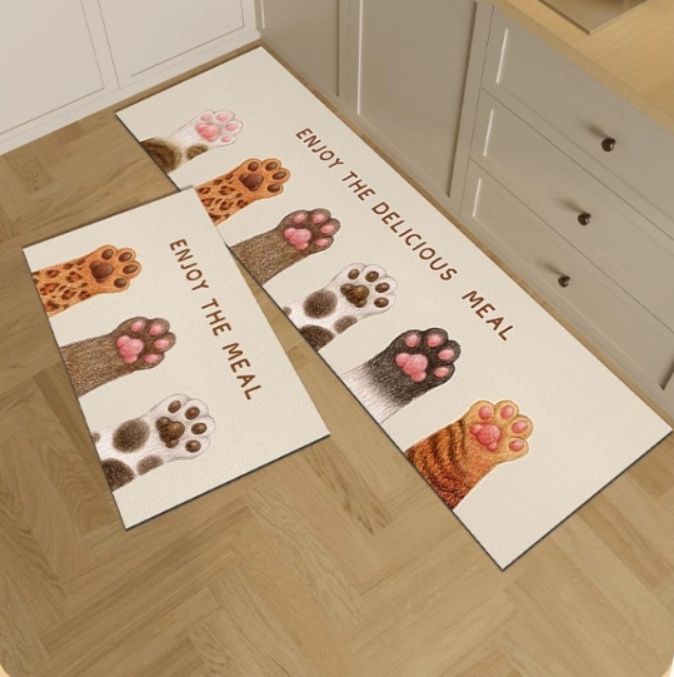 猫のカートゥーンデザインのキッチンマット 防水防油でお手入れ簡単 スリップ防止の長方形レザータイプ