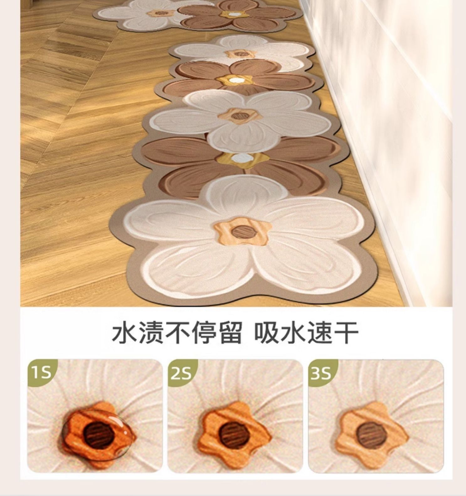 花柄の柔らかいキッチンマット 防滑防油でお手入れ簡単 吸水性抜群の防水マット
