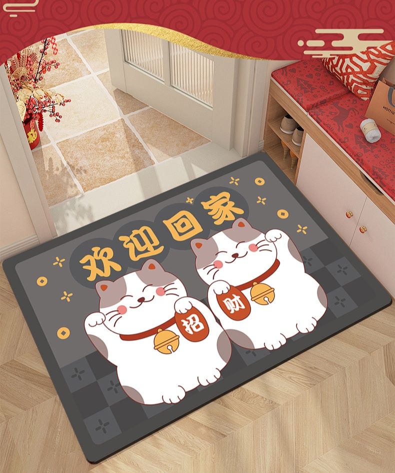 拭ける招き猫デザイン！滑り止め付きで洗えるふかふかキッチンマット