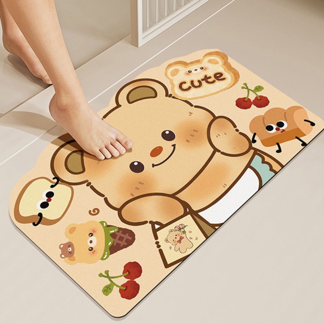 滑り止め付きでずれない！洗える北欧風カートゥーンデザインのキッチンマット