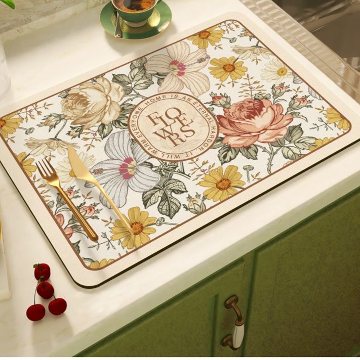 珪藻土キッチンマット 硅藻泥素材で高吸水 植物柄が美しい北欧風デザイン 拭ける洗える