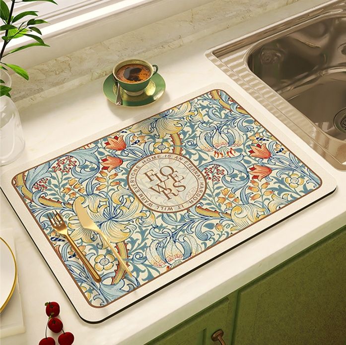 珪藻土キッチンマット 硅藻泥素材で高吸水 植物柄が美しい北欧風デザイン 拭ける洗える