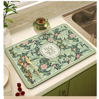 珪藻土キッチンマット 硅藻泥素材で高吸水 植物柄が美しい北欧風デザイン 拭ける洗える