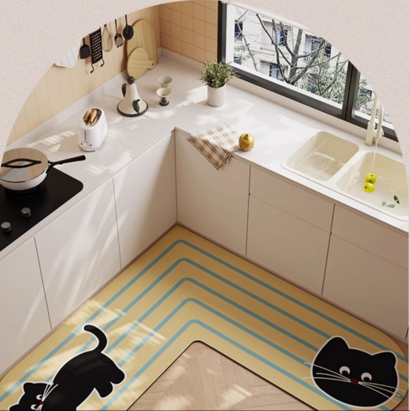 可愛いカートゥーン猫柄の速乾吸水L字型キッチンマット（滑り止め・洗濯可）