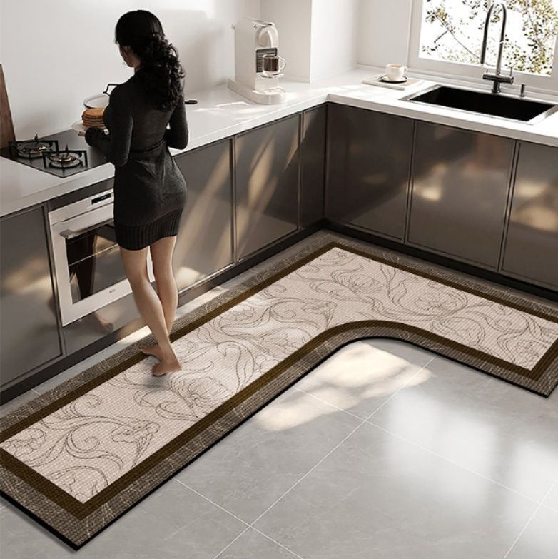 拭ける素材で油汚れもサッと落ちる！滑り止め付きL字型キッチンマット