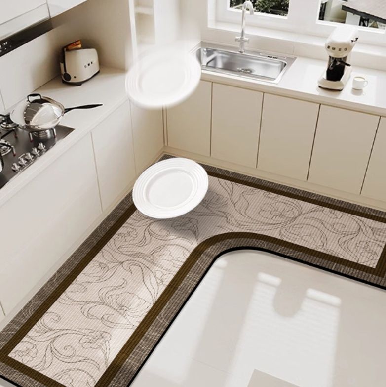 拭ける素材で油汚れもサッと落ちる！滑り止め付きL字型キッチンマット