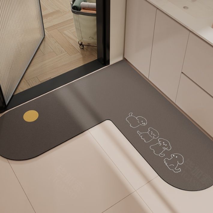 かわいい動物デザインのL字キッチンマット 滑り止め付きで洗える防水仕様