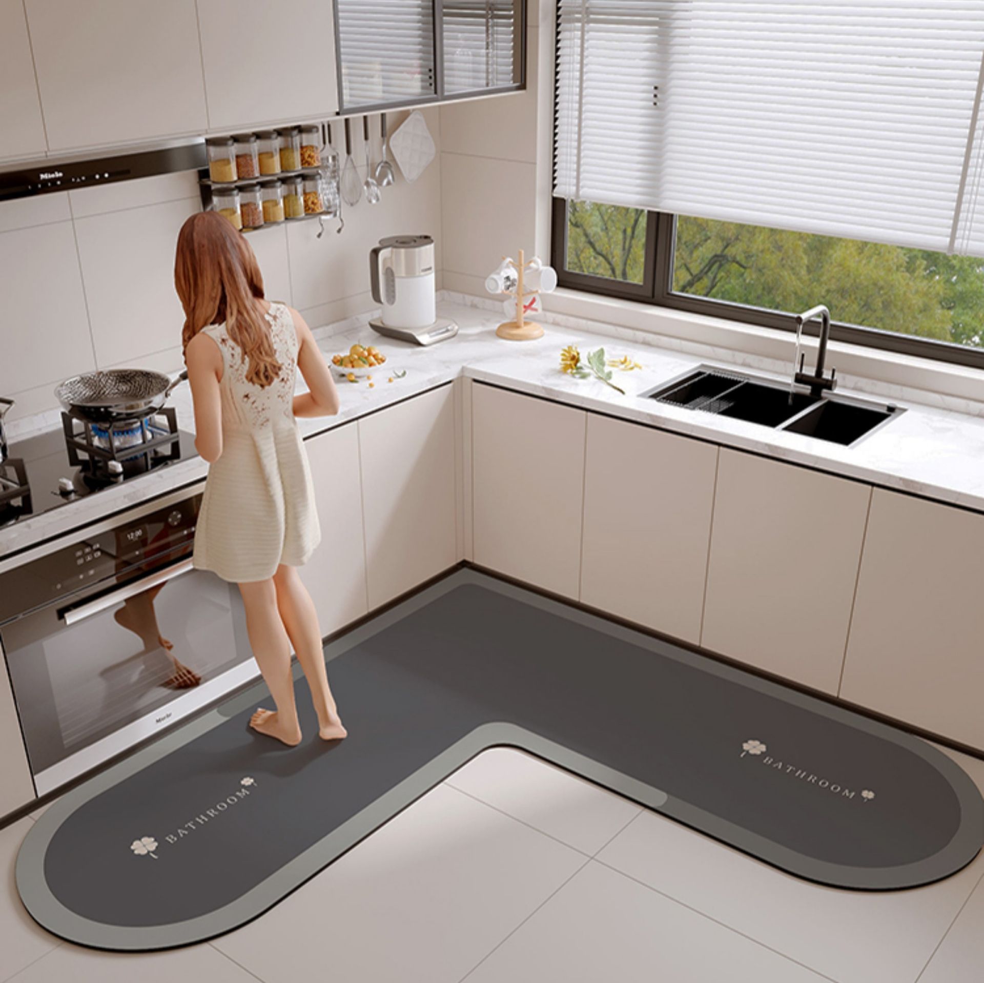 【吸油＆防滑付き】カット自由でお手入れ簡単な一体型L字型キッチンマット　花柄で華やか#endregion